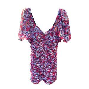 Zara Ruched Floral Mini Dress with Metallic Gold Threading - Size M